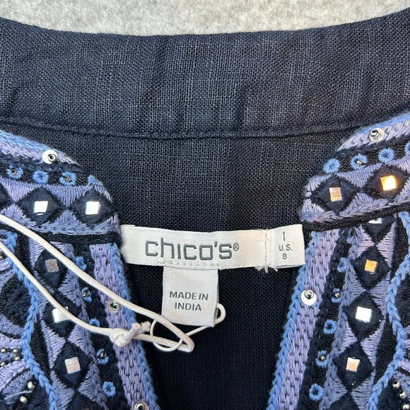 Chicos Linen Tunic Dress Navy Blue Beaded Embroidered 3/4 Sleeve Size 1 US 8 NWT - Picture 11 of 15